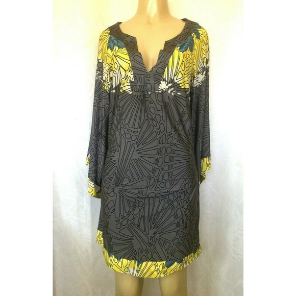 Analili Dress Jersey Ruch Sheath Gray Yellow VNeck - Picture 1 of 4